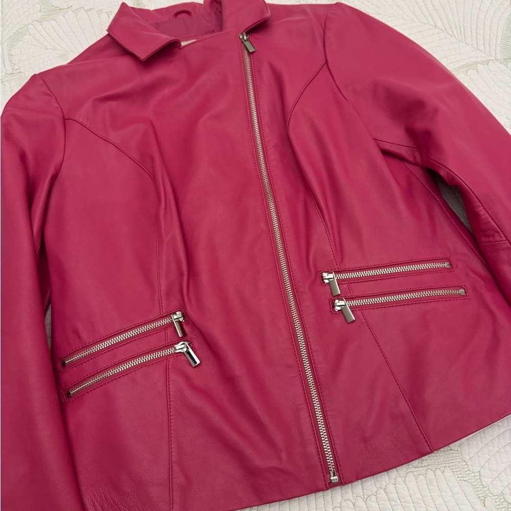 Women’s Neiman Marcus Exclusive Pink Soft Leather Moto Jacket- Size L